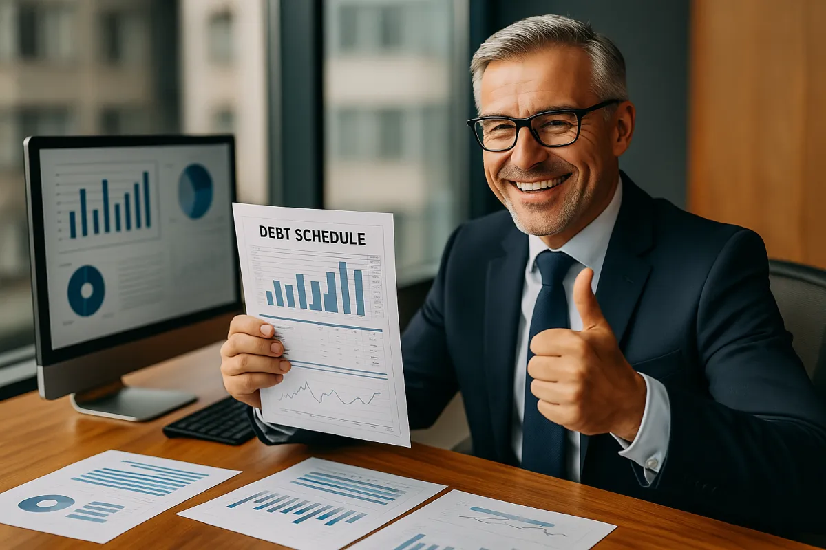 Smiling banker reviewing organized debt schedules and financial charts, symbolizing trust and confidence in lending decisions.