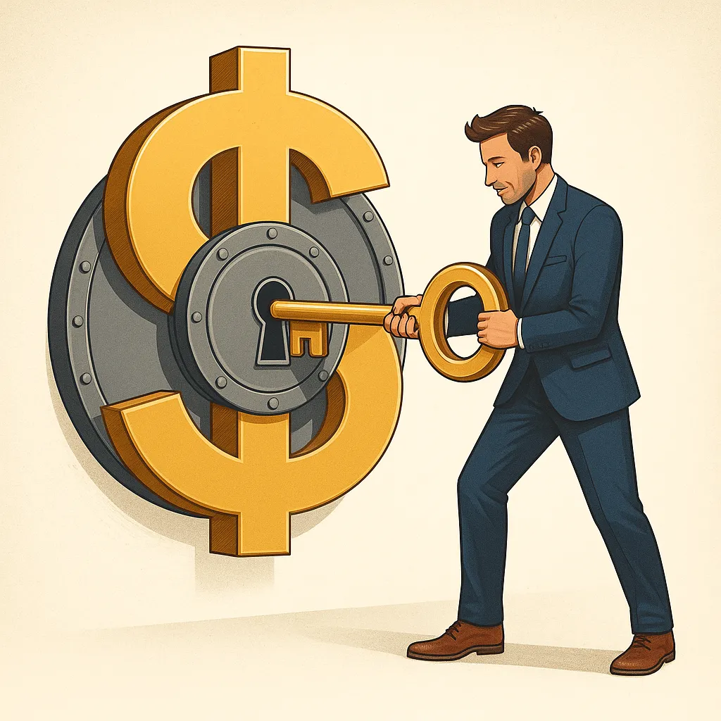 Business owner unlocking growth potential with a large key, symbolizing capital strategy and financial opportunity.