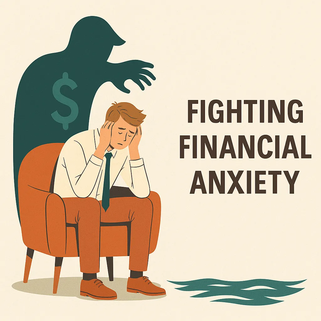 Illustration of a stressed business owner surrounded by bills and financial charts, symbolizing financial anxiety.