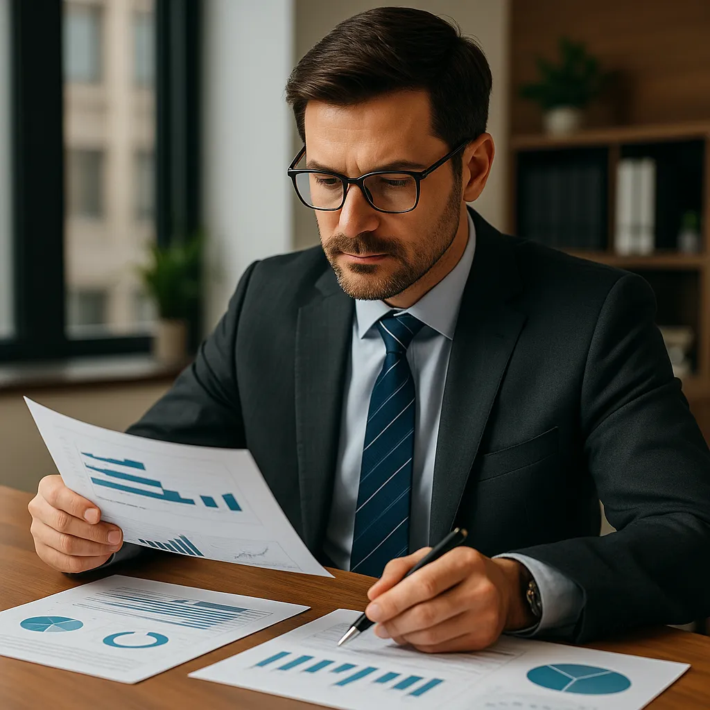 Business leader reviewing financial reports and data charts to build stronger financial acumen for growth