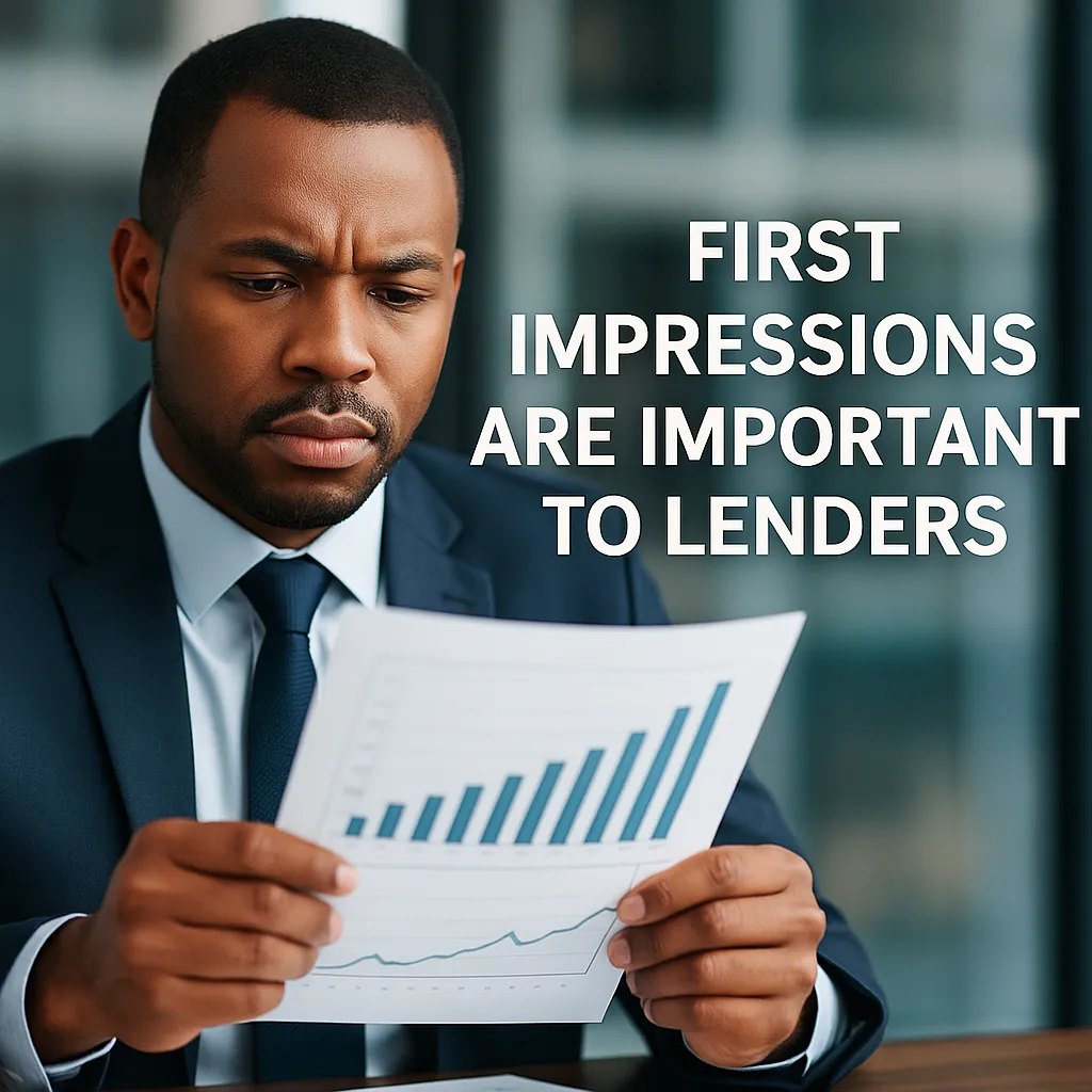 Professional businessman reviewing financial charts in an office, emphasizing the importance of first impressions when applying for business loans.