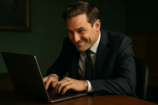 Banker with a mischievous expression typing notes into a laptop, symbolizing emotional CRM entries that could hurt future loan approvals
