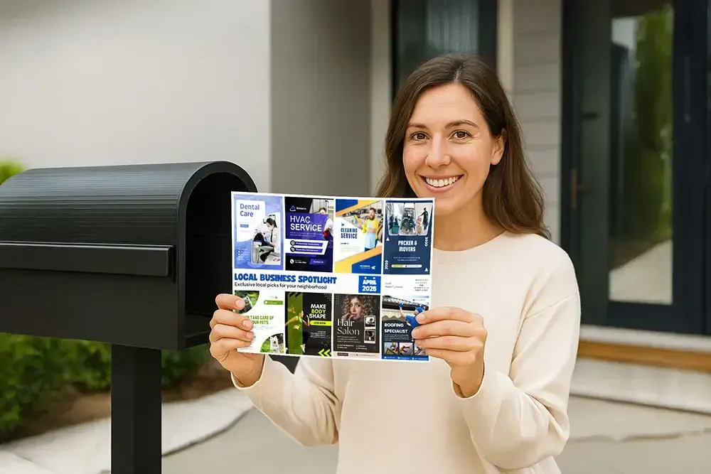 Person holding a printed postcard at their front door mailbox, symbolizing local marketing through direct mail