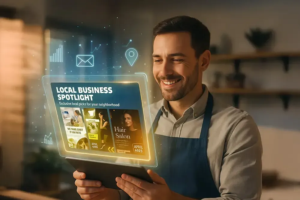 Promotional postcard on a table highlighting a special offer for a local business with bold text and clear call-to-action