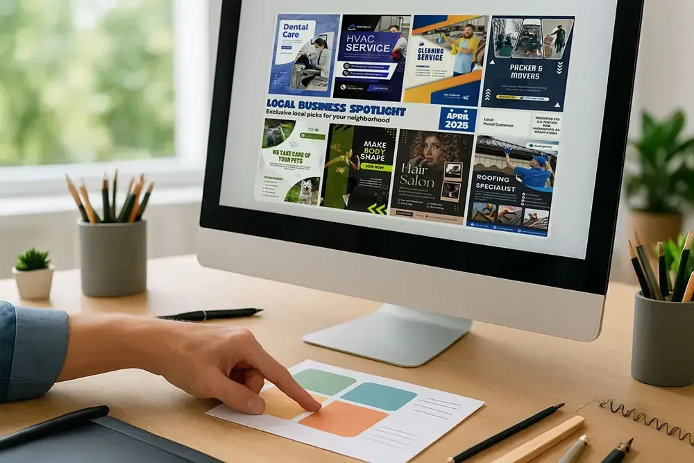 Professionally designed postcard with bold headline, clear visuals, and strong call-to-action, standing out in a stack of direct mail ads.