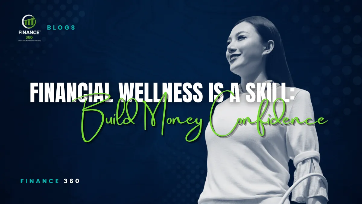 Smiling woman on a blue background for a Finance 360 blog post about financial wellness skills and building money confidence.