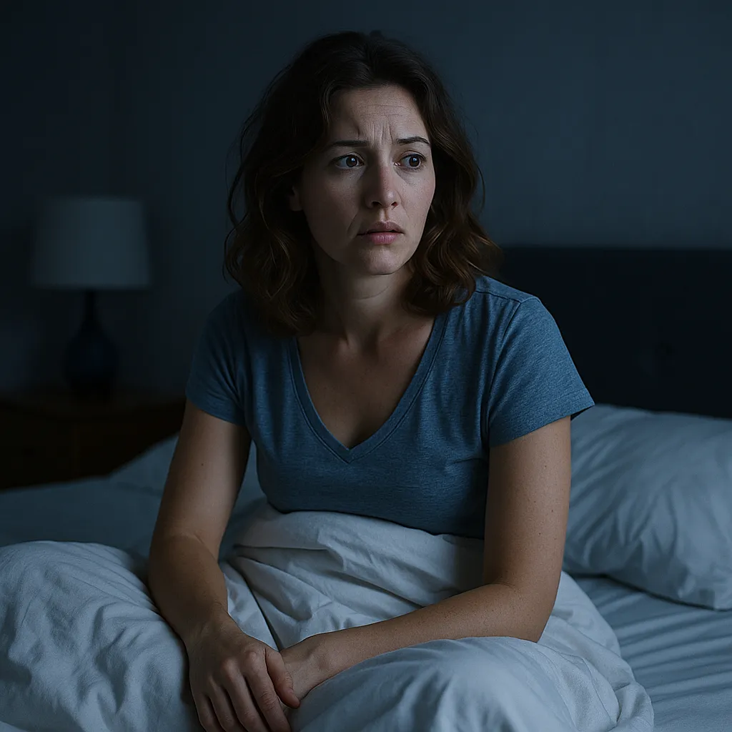 woman sitting up in dark bedroom