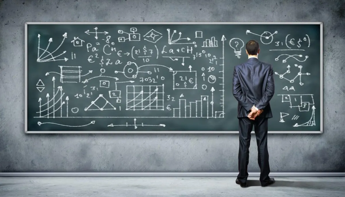A man in a business suit examines a chalkboard covered in equations