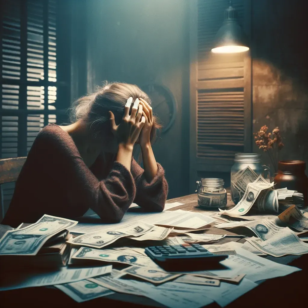 Visual representation of a woman grappling with financial stress, her posture one of despair as she sits at a cluttered desk surrounded by unpaid bills. The dim lighting casts shadows, symbolizing the weight of her worries and the challenges of financial management.