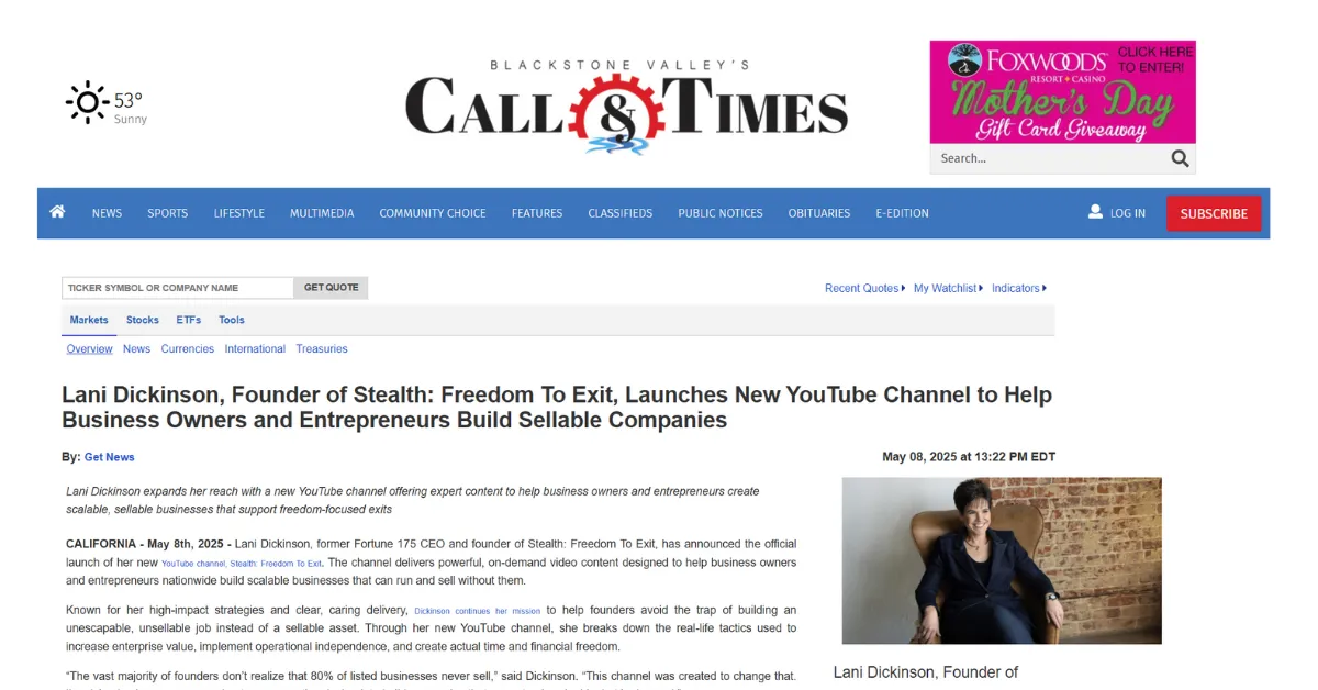 Lani Dickinson, Founder of Stealth: Freedom To Exit, Launches New YouTube Channel to Help Business Owners and Entrepreneurs Build Sellable Companies