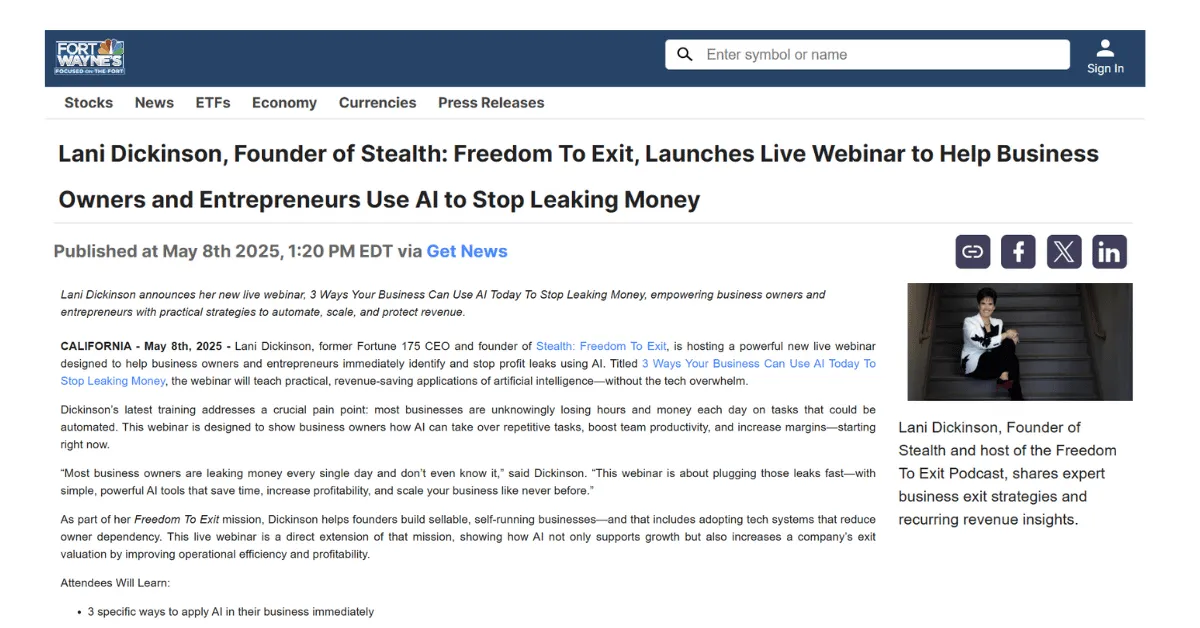 Lani Dickinson, Founder of Stealth: Freedom To Exit, Launches Live Webinar to Help Business Owners and Entrepreneurs Use AI to Stop Leaking Money