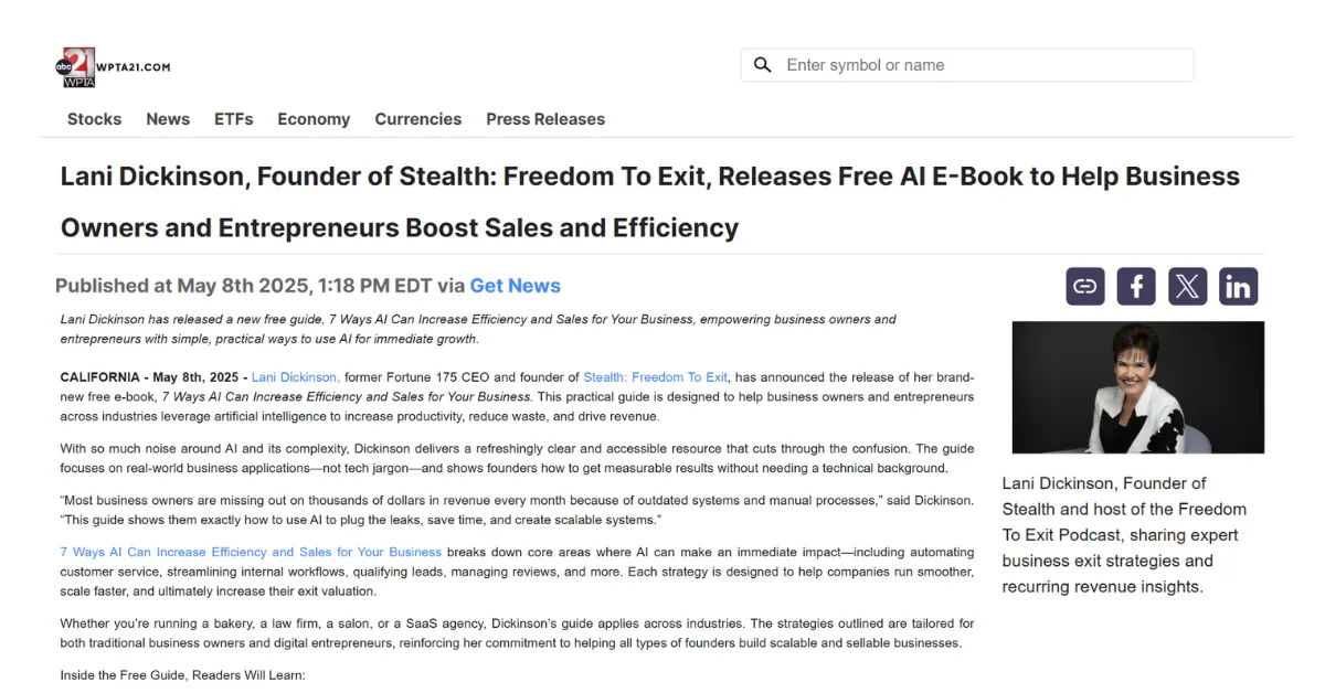 Lani Dickinson, Founder of Stealth: Freedom To Exit, Releases Free AI E-Book to Help Business Owners and Entrepreneurs Boost Sales and Efficiency