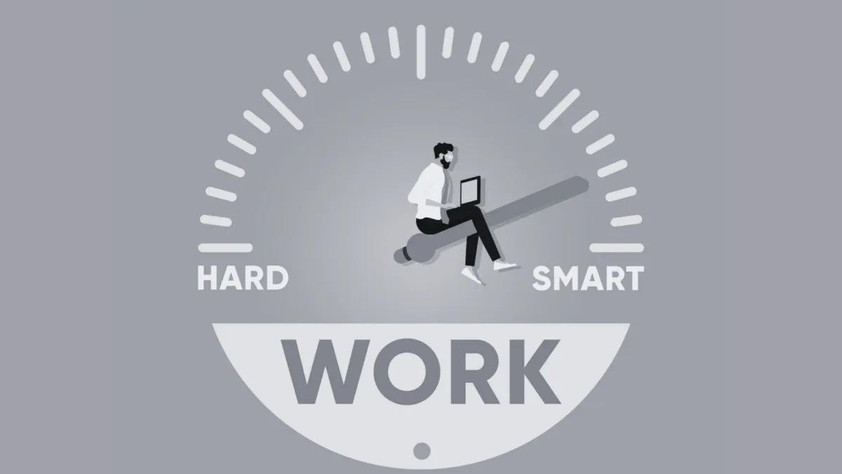 Man on a screwdriver with a laptop, between the words "HARD" and "SMART," suggesting smart work is more effective than hard work