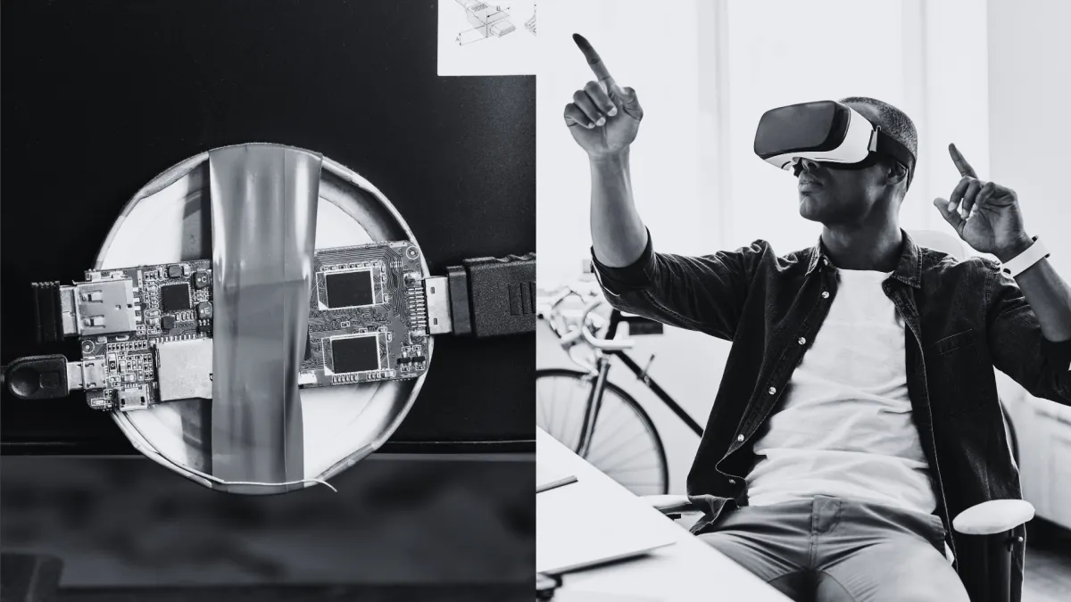 The contrasting visuals imply a transition from old to new. On the left, there is an old circuit board, representing outdated technology. On the right, a person wearing a VR headset points upwards, signifying forward-thinking and innovation. 