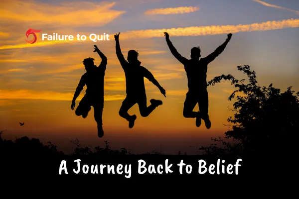 Silhouettes of people raising their arms in celebration, symbolizing a shared journey from self-doubt to confidence and personal empowerment.