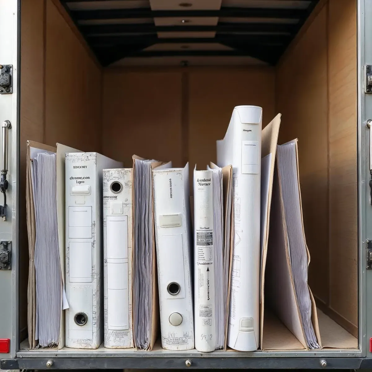 A row of large binders and project folders filled with construction documents, neatly organized inside a trailer—representing the paperwork and administrative burden faced by construction companies before switching to virtual support.
