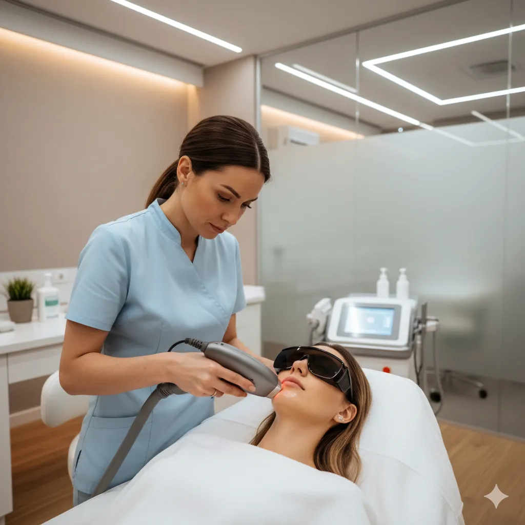 Professional aesthetician performing chin laser hair removal on a female client in a modern clinic.