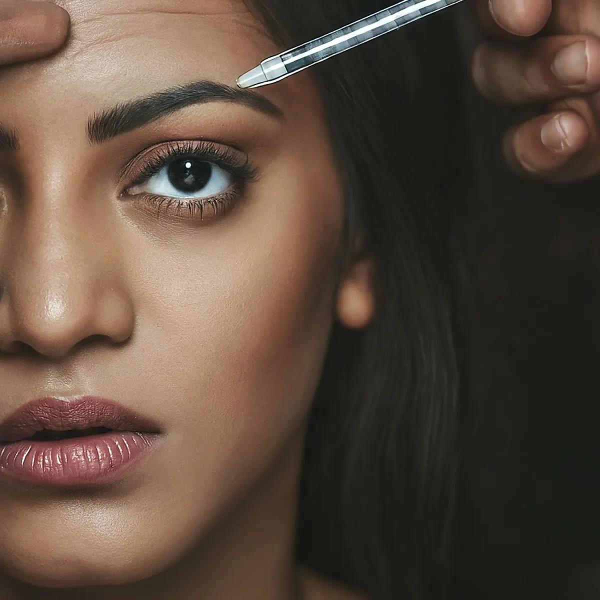 Woman receiving botox injection in forehead