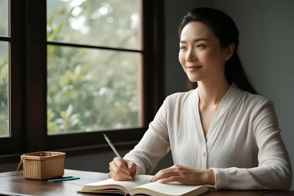 Woman sitting calmly, journaling or reflecting, with a soft smile — visual clarity and ease.