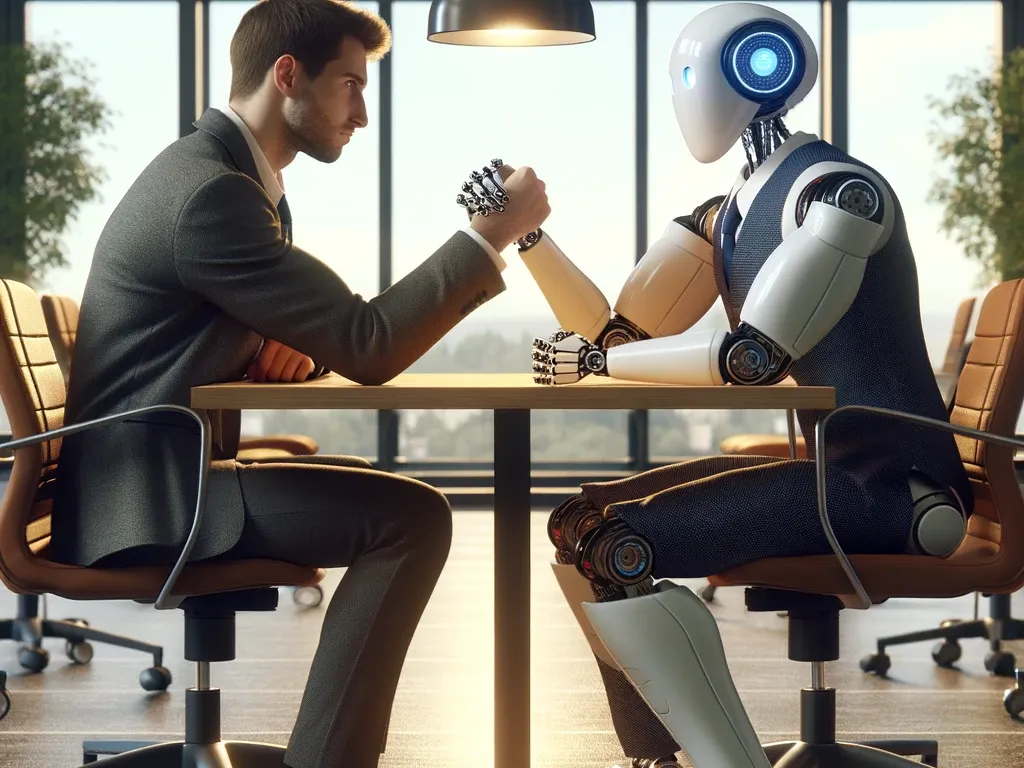 Businessman and Robot arm wrestling