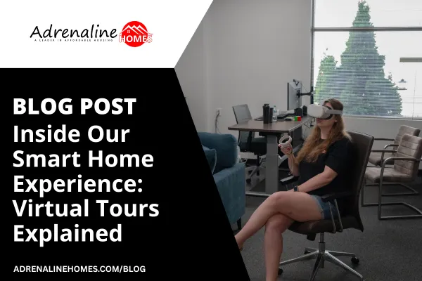Woman wearing a VR headset and using controllers inside the Adrenaline Homes Smart Home Experience room, demonstrating how virtual home tours allow buyers to explore manufactured home floor plans interactively.
