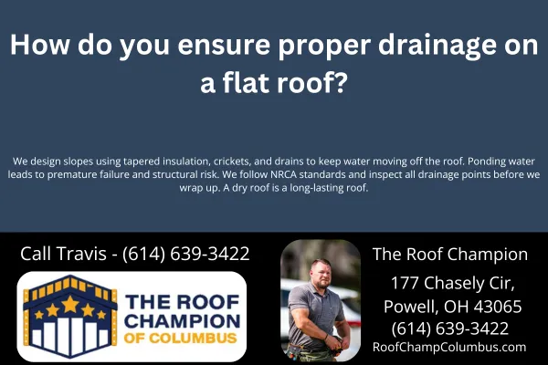 Discover how The Roof Champion of Columbus designs commercial flat roofs to drain properly using tapered insulation, crickets, and internal drains—following NRCA best practices to prevent ponding and extend roof life.