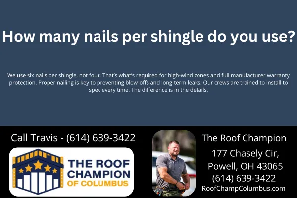 Learn why The Roof Champion of Columbus uses six nails per shingle for every roof. Protect your home, warranty, and peace of mind with expert shingle installation done right.