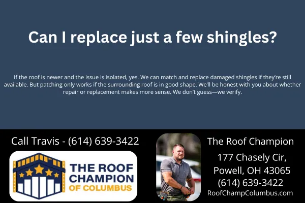 Wondering if you can just replace a few damaged shingles? Learn when a simple shingle repair makes sense—and when a full replacement might be smarter. Trusted advice from The Roof Champion of Columbus.