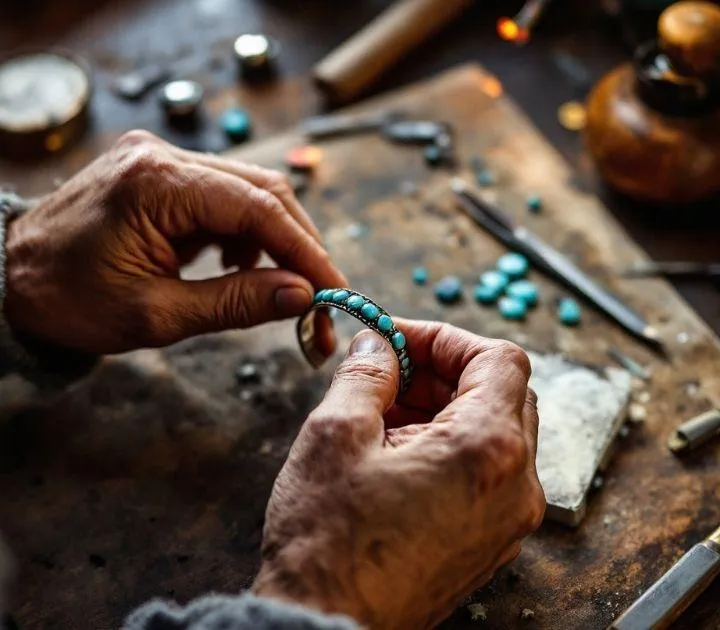 Hands of a silversmith carefully crafting a turquoise ring at a jewelry bench, surrounded by tools and natural light.