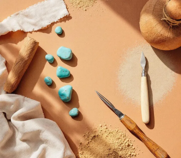 Flat lay of natural turquoise stones, silver tools, and desert-toned materials arranged on a warm neutral background.