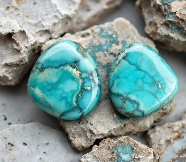 Macro shots of rough turquoise, slabs, and finished cabochons