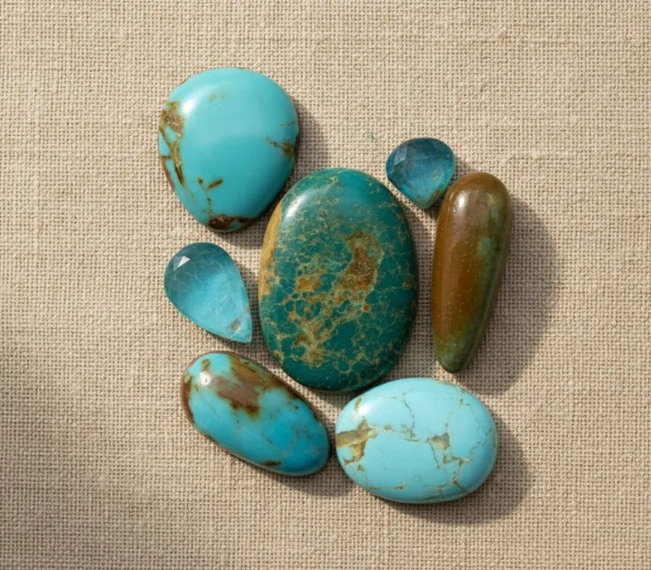 Assortment of turquoise stones labeled subtly with mine origin. Warm, earthy background with soft natural light.