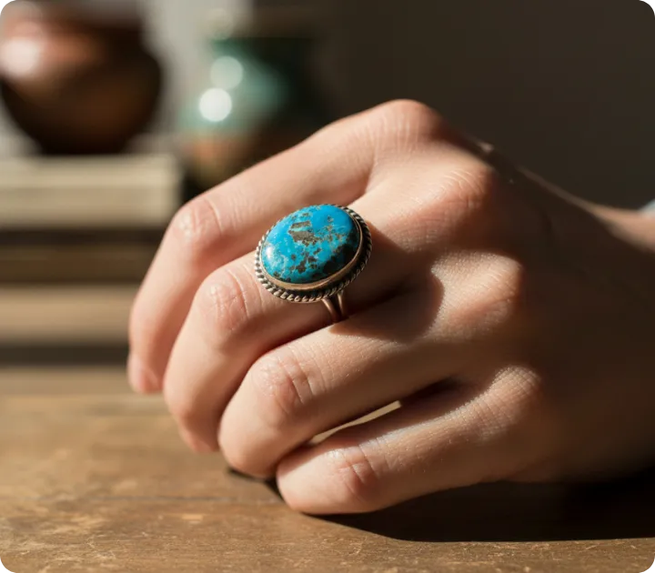 Lifestyle shot of a turquoise ring worn on a hand in natural light. Neutral background, warm tones, everyday setting.