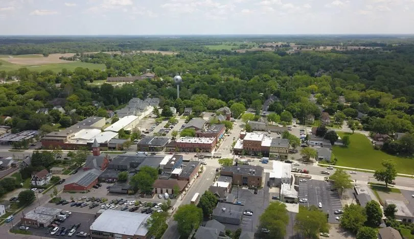 Scenic view of downtown Saline, Michigan with charming small-town atmosphere and green parks