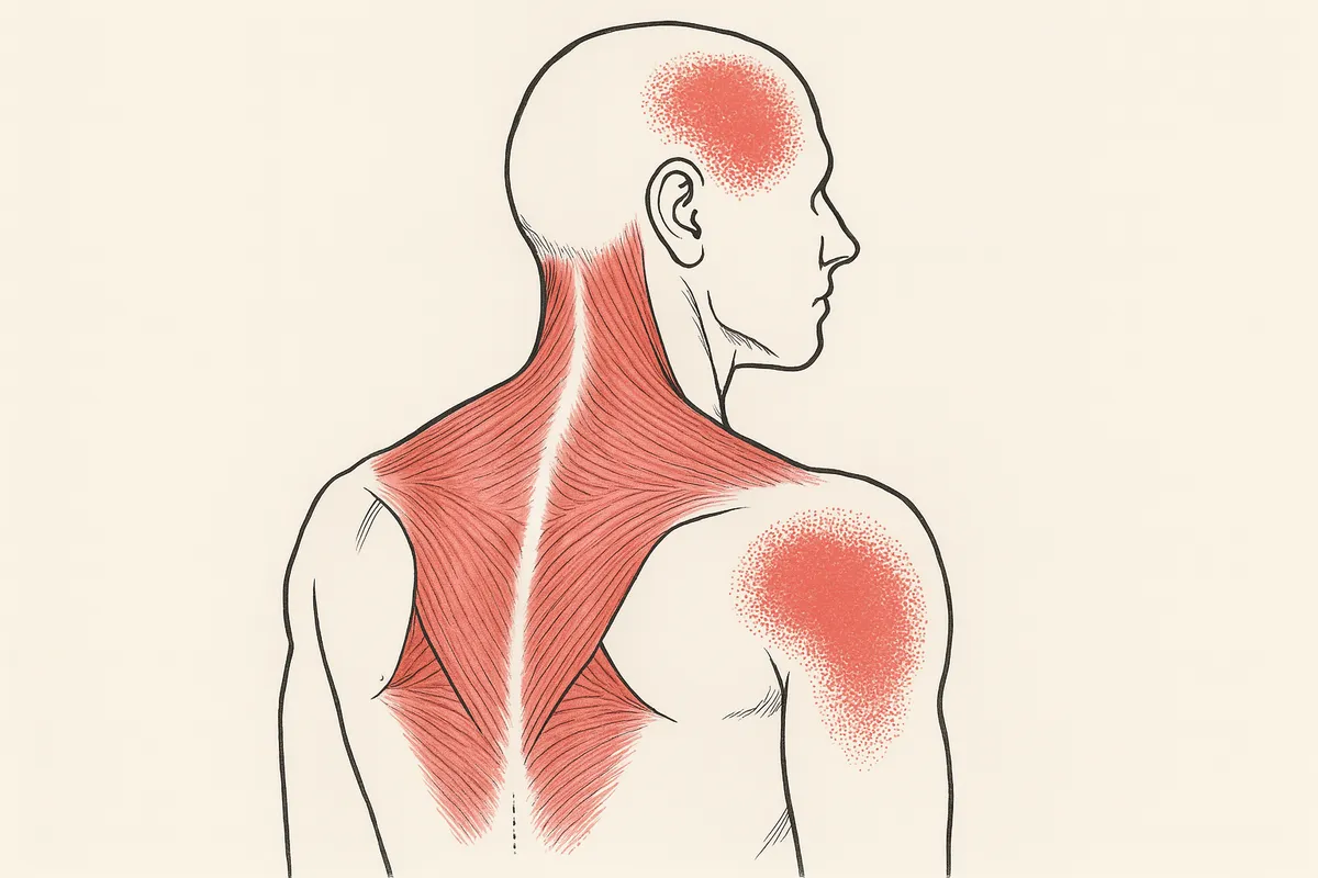Sketch of a man, highlighting his trapezius muscles, and associated pain patterns in red