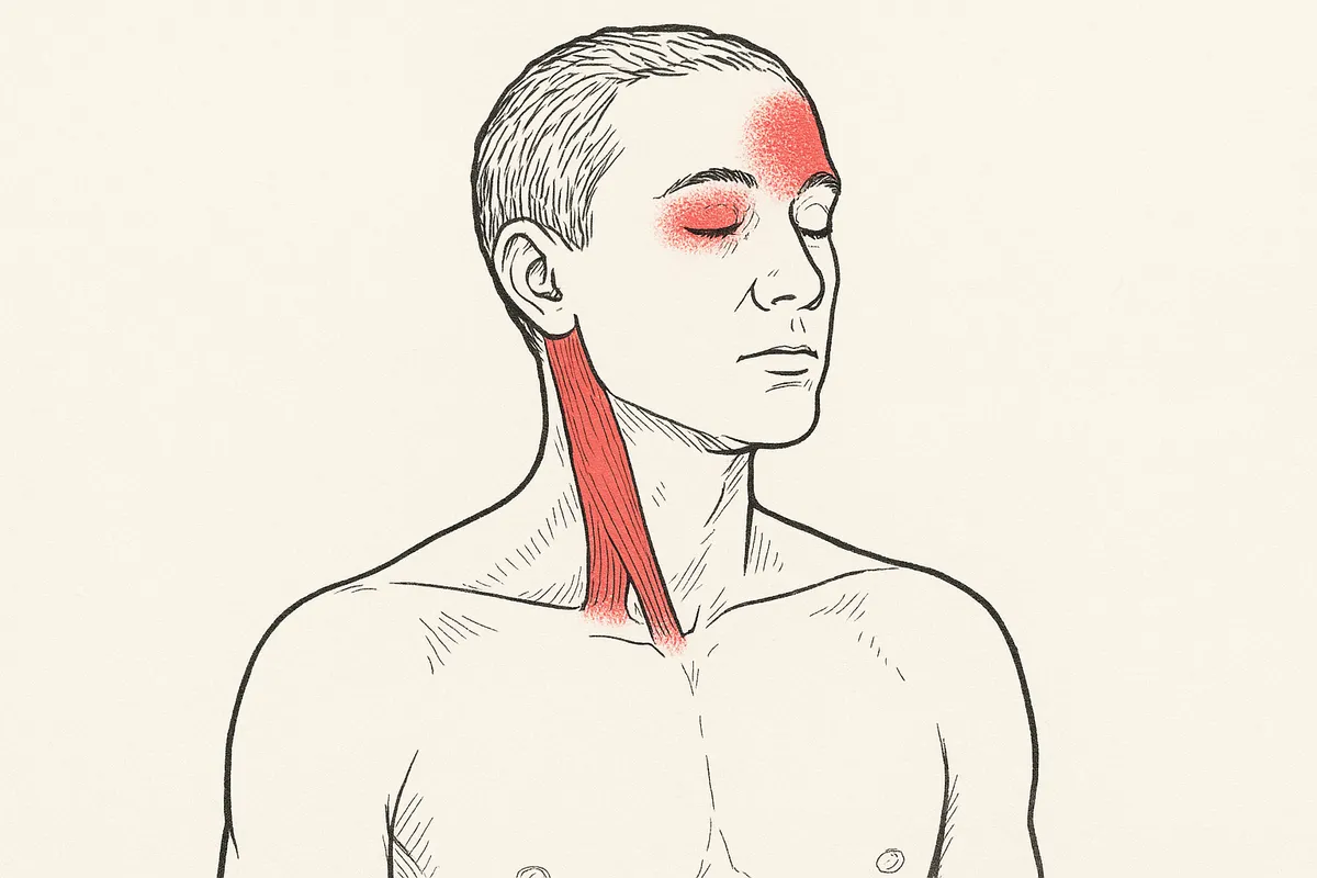 Sketch of man with Sternocleidomastoid and associated pain patterns in red