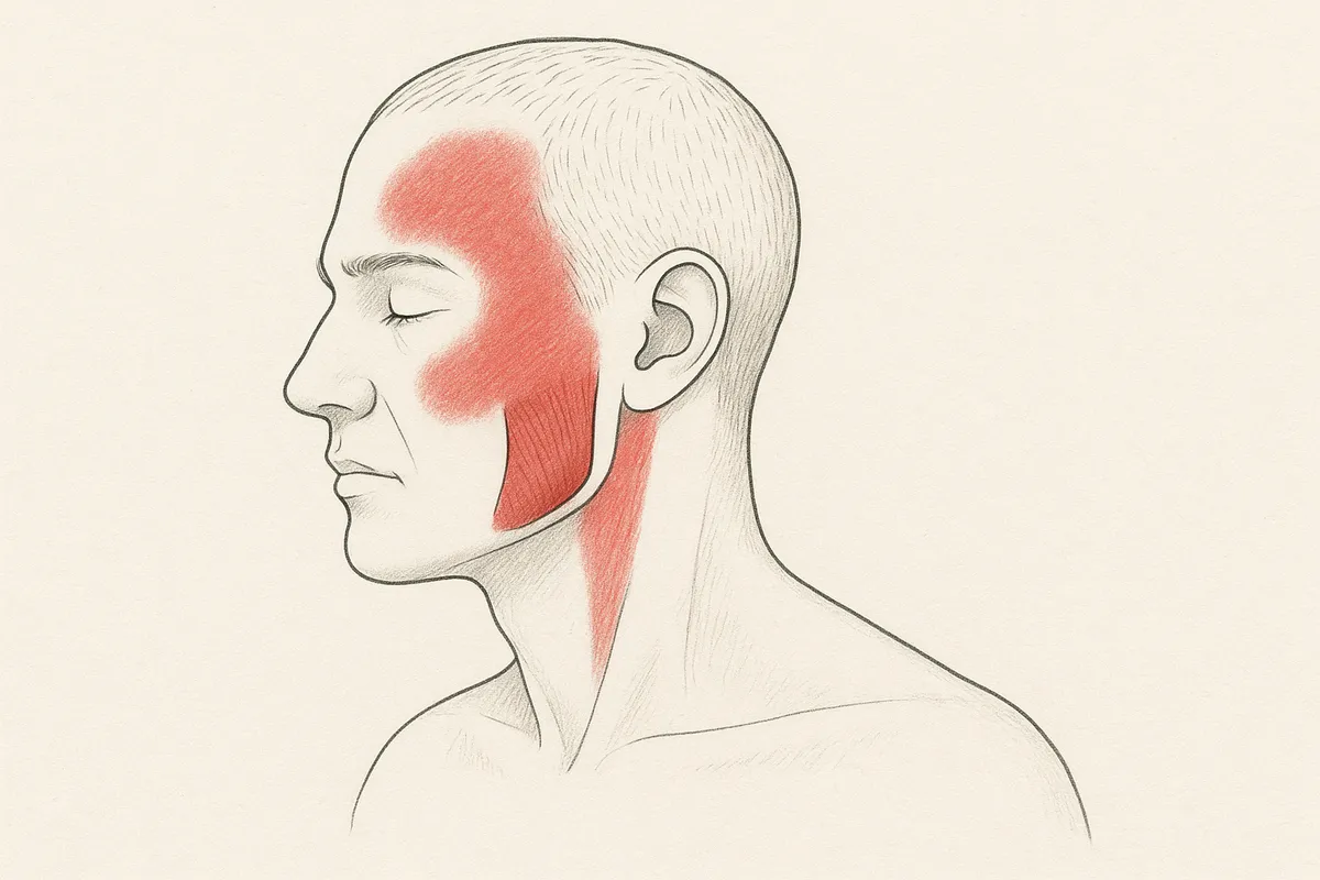 A sketch of a man's profile, showing the Masseter and it's associated pain patterns