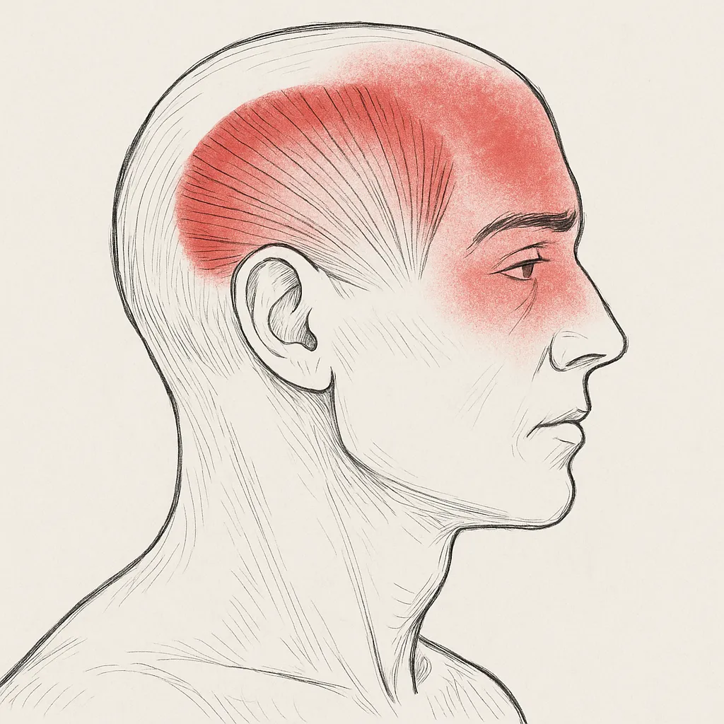 Sketch of man, his temporalis muscle and associated pain patterns in red