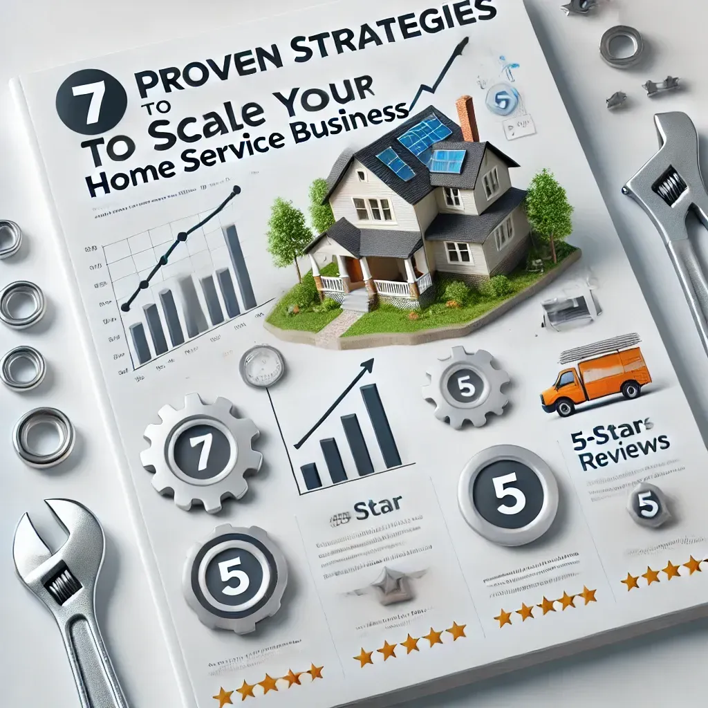 Cover image for a blog post titled '7 Proven Strategies to Scale Your Home Service Business,' featuring a clean white background with a growth chart, house icon, wrench, and 5-star reviews, symbolizing growth and success in the home service industry