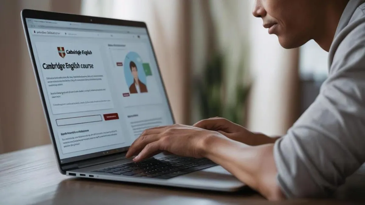 Adult learner studying online for Cambridge Advanced English Course exam preparation