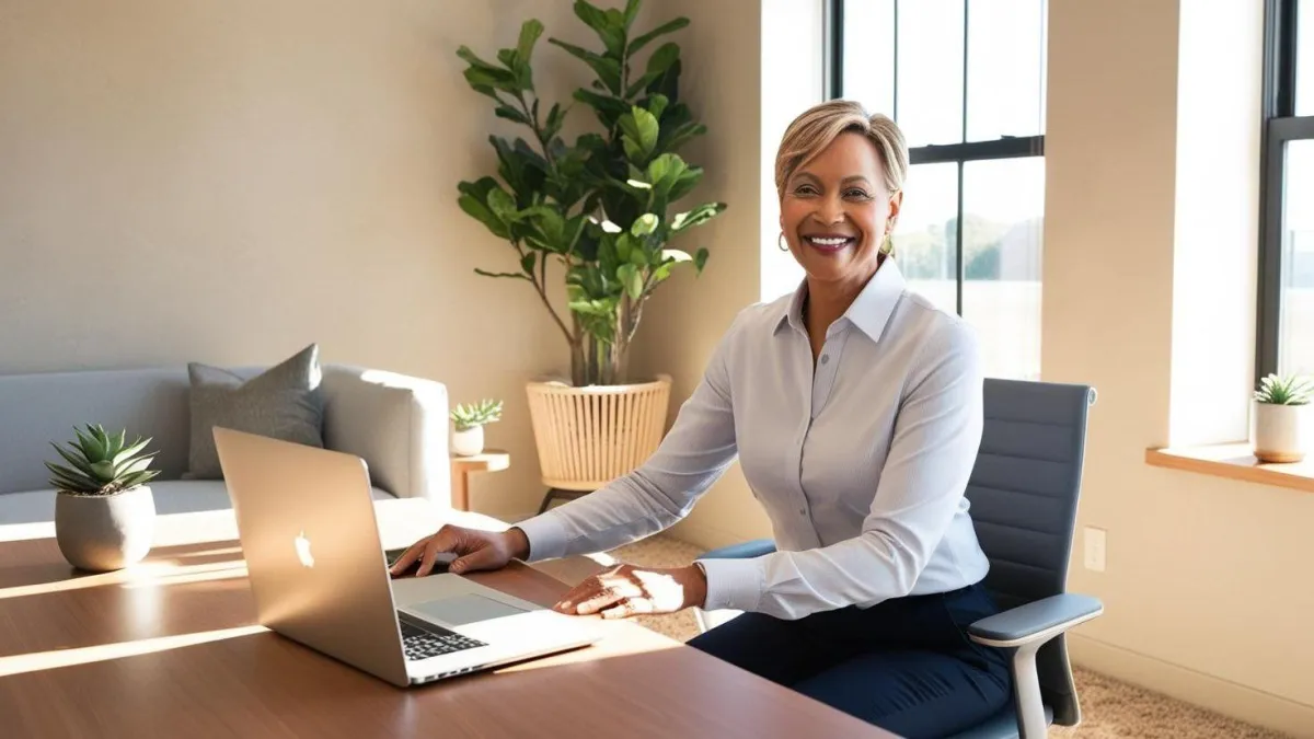 'Adult learner studying online Cambridge English course on laptop.