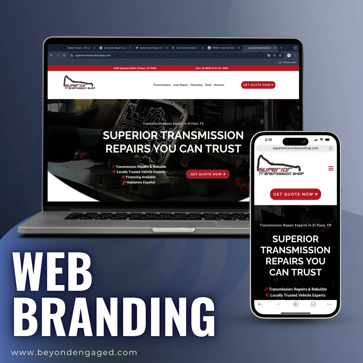 Open laptop displaying the home page of Superior Transmission Shop website, with a phone beside it showing the mobile version. Title reads 'Web Branding'.