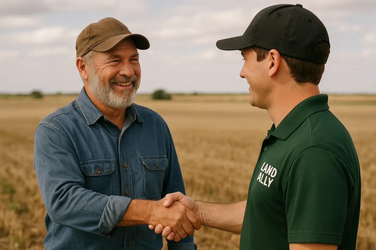 Happy landowner shaking hands with a Land Ally team member on open farmland