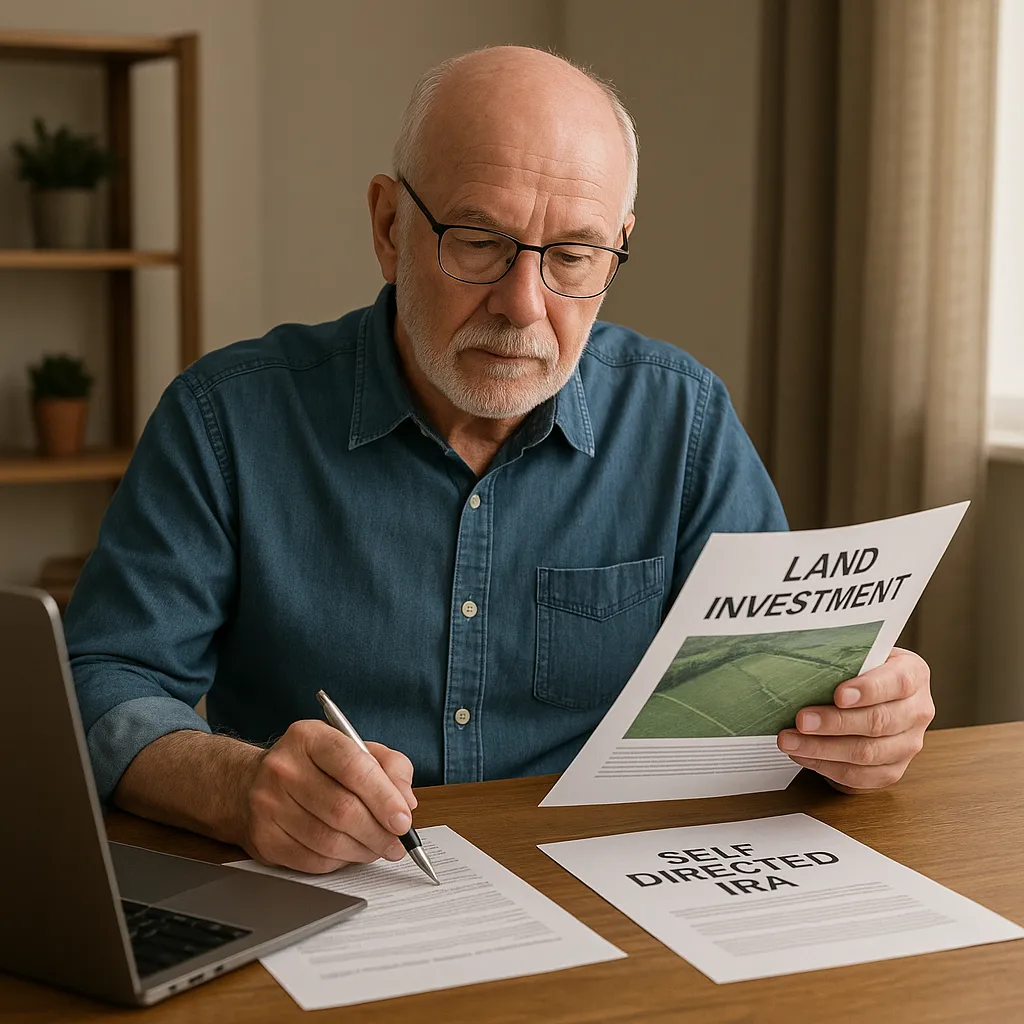 Retiree reviewing land investment documents using a self-directed IRA