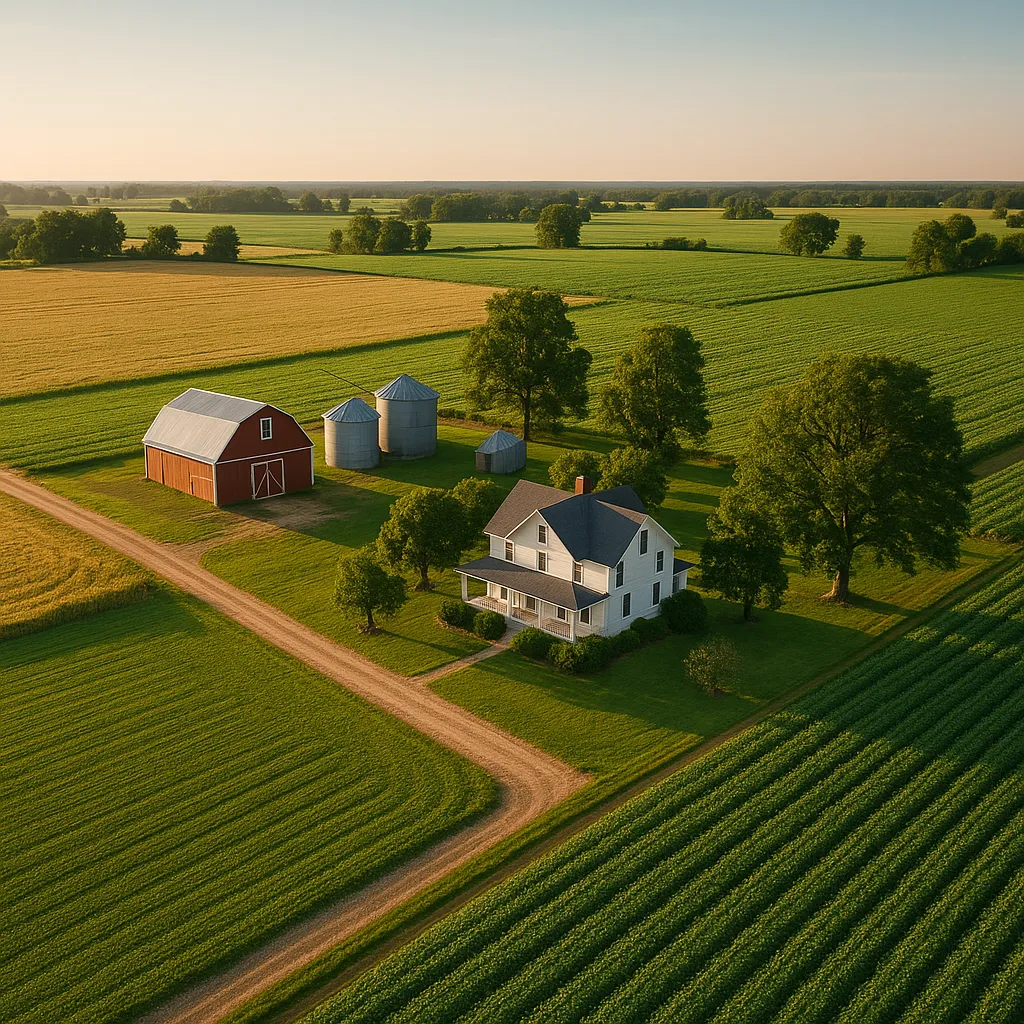 Aerial view of a southern U.S. family farm with fields and a farmhouse