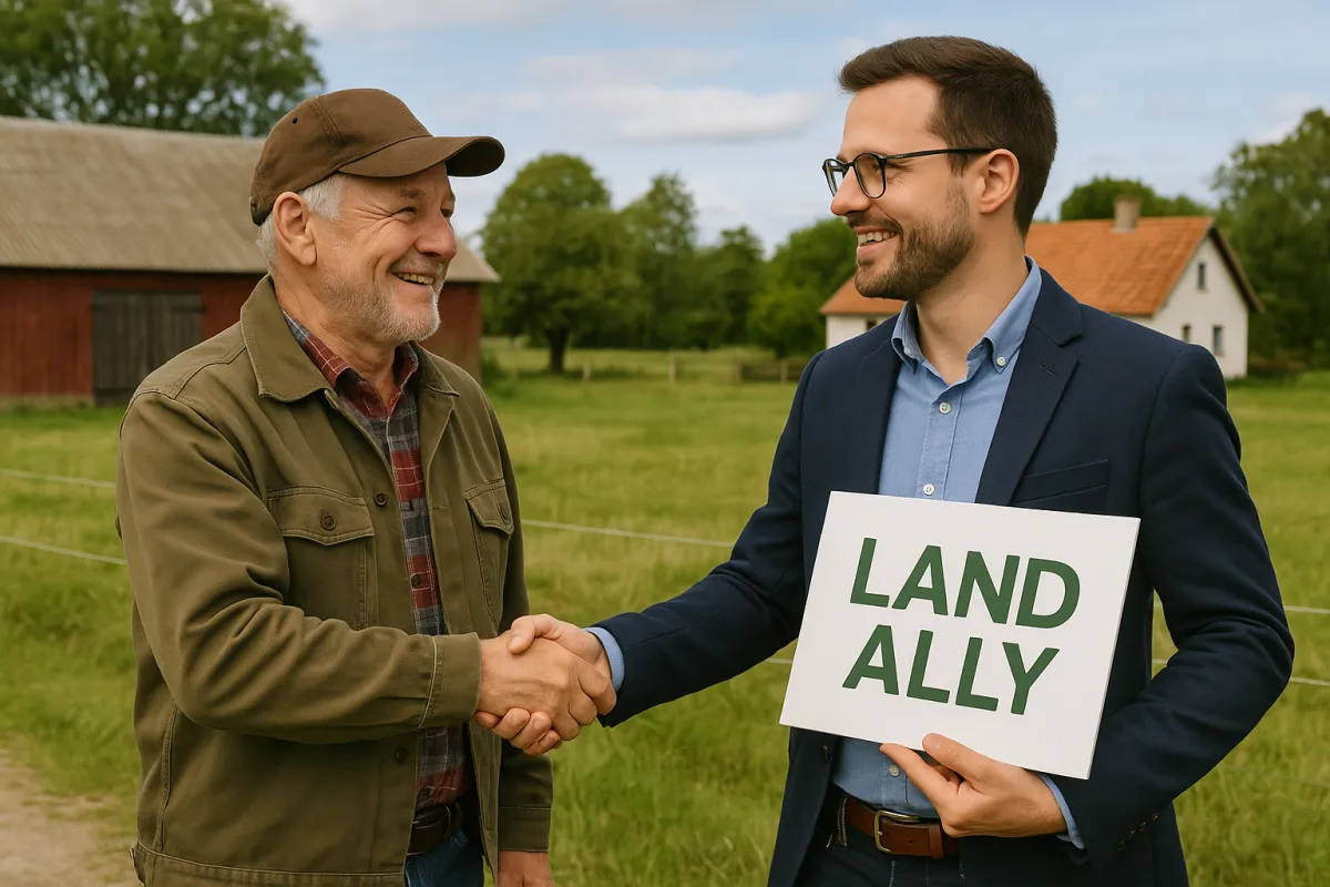 Happy landowner shaking hands with a Land Ally buyer in front of a rural property