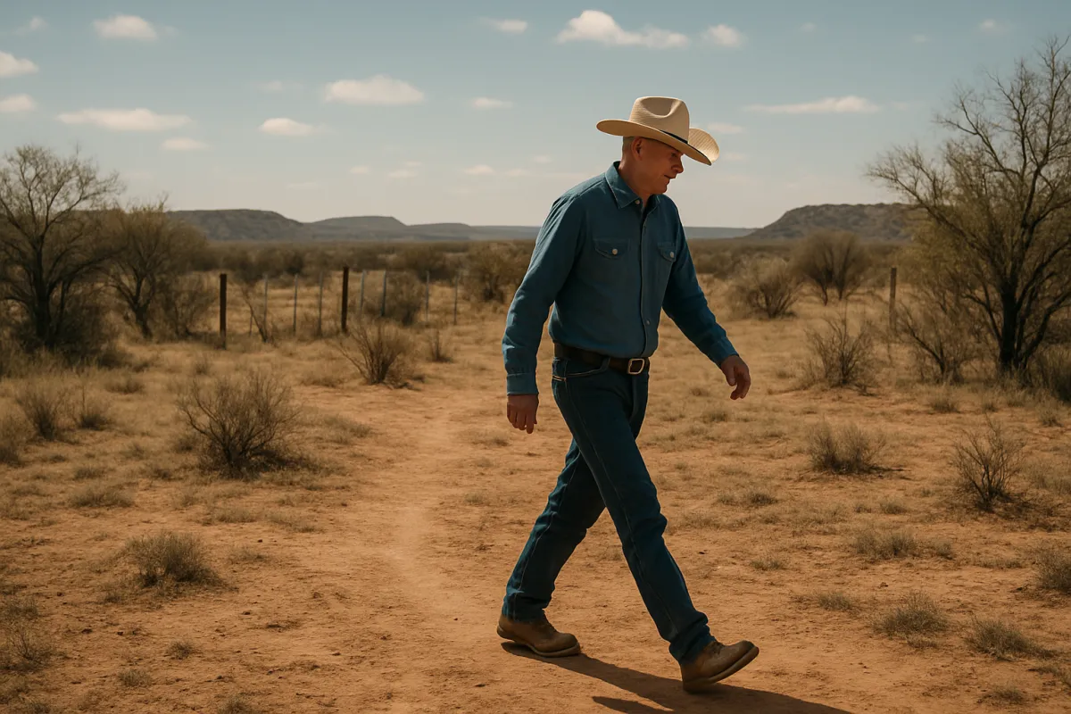 West Texas landscape with a rural landowner walking across a dusty property