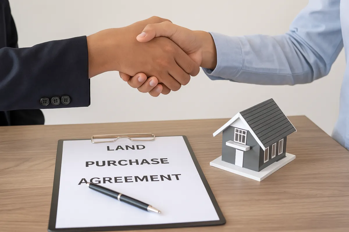 Two people shaking hands across a table with land documents between them