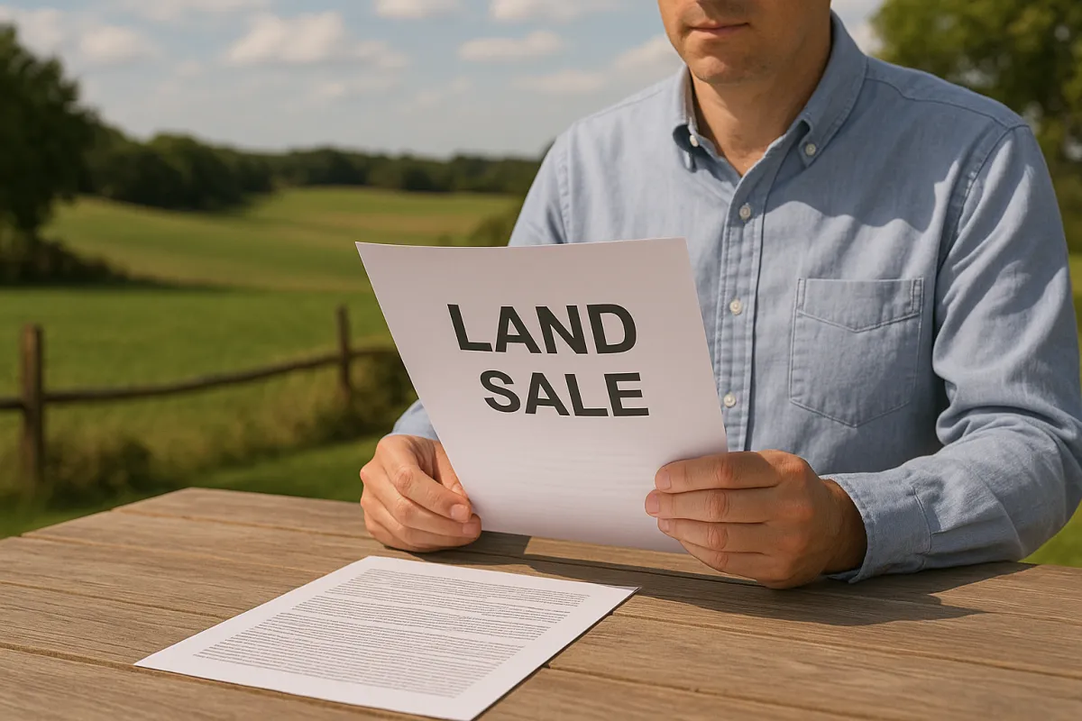 A person reviewing documents for a land sale with a scenic rural property in the background.