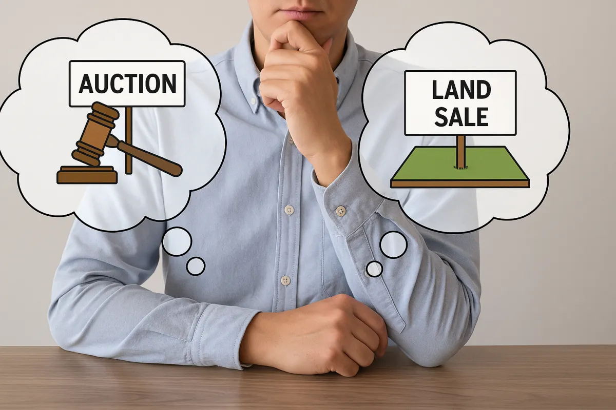 Two people shaking hands across a table with land documents between them